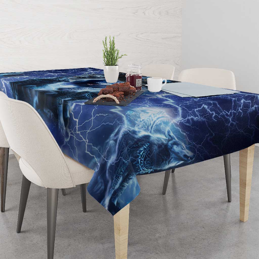 Native American wolf and eagle tablecloth, blue lightning design with draped edge