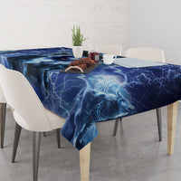 Native American wolf and eagle tablecloth, blue lightning design with draped edge