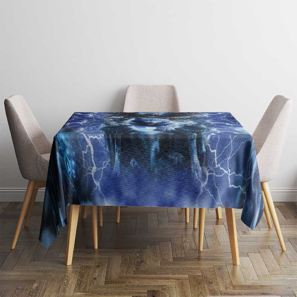Native American wolf and eagle tablecloth in blue with lightning crackle and folds