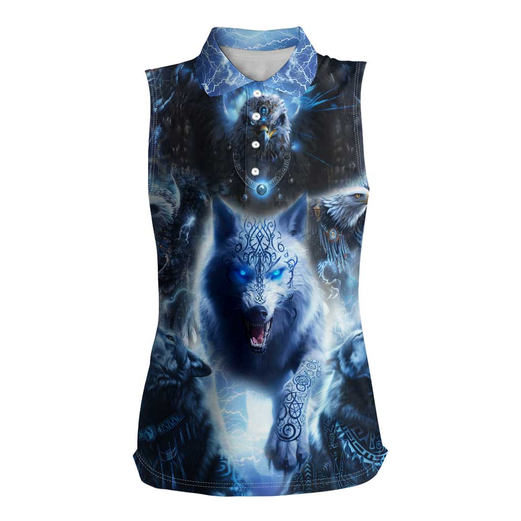 Native American Wolf And Eagle Women Sleeveless Polo Shirt Thunder Style