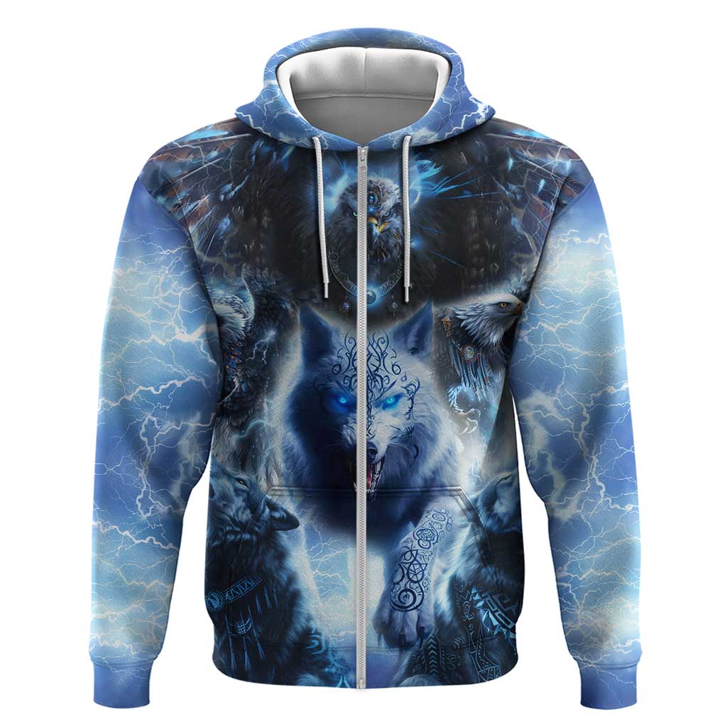 Native American Wolf And Eagle Zip Hoodie Thunder Style