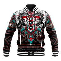 Red, black and white varsity baseball jacket with skull warrior and tribal patterns