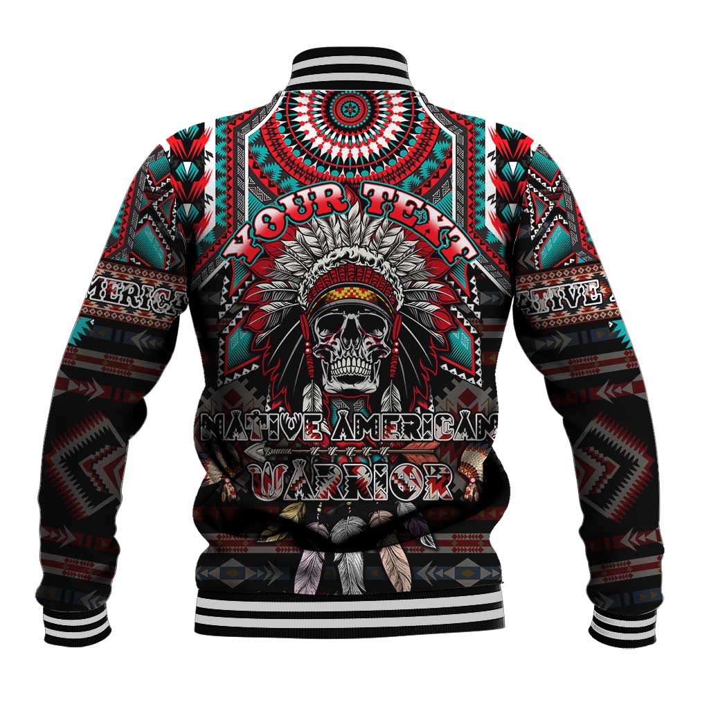 Varsity baseball jacket with back skull warrior medallion graphic, tribal trim, striped collar
