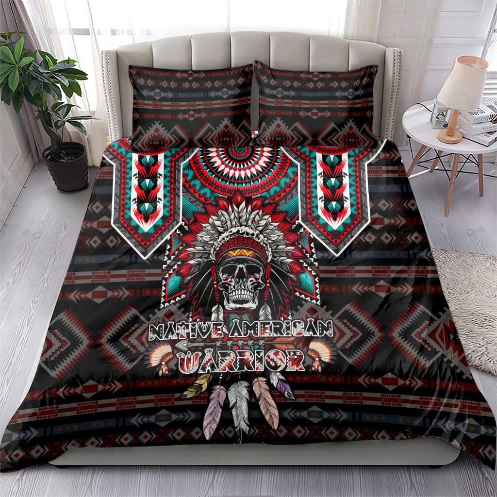 Black duvet and pillow set with warrior portrait, red and teal geometric border