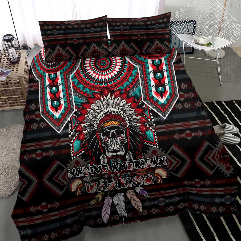 Black duvet with large Native American warrior center print, red and teal circular patterns