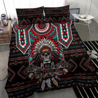 Black duvet with large Native American warrior center print, red and teal circular patterns