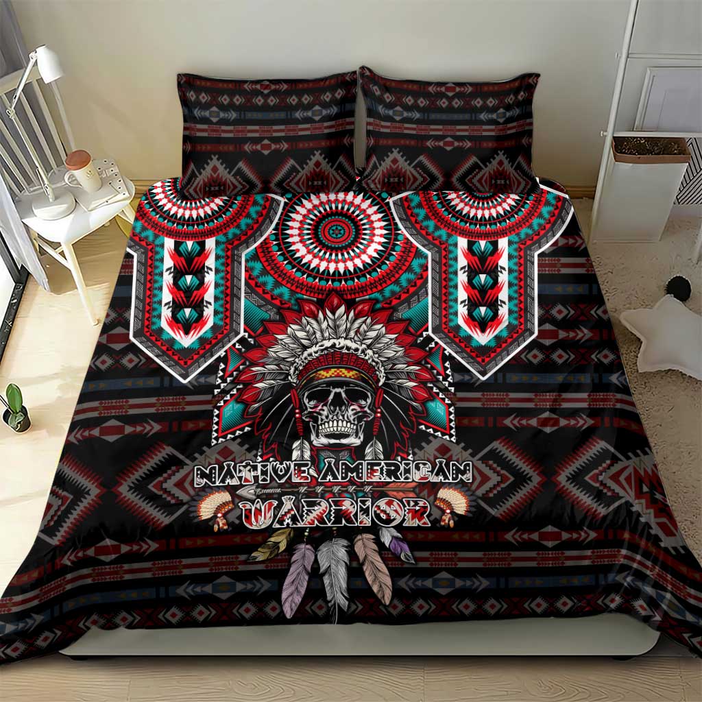 Black bedspread with Native American warrior face, red teal mandala and tribal stripe design