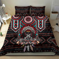 Black bedspread with Native American warrior face, red teal mandala and tribal stripe design
