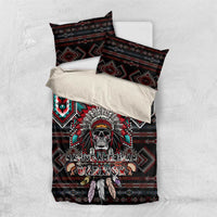 Black bedding set with warrior graphic, geometric red and teal accents; includes three pillowcases
