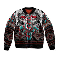 Multicolor skull bomber jacket with zip front, ribbed cuffs, and geometric red teal graphics