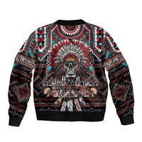 Skull graphic bomber jacket with ribbed collar and 'Native American Warrior' text on back
