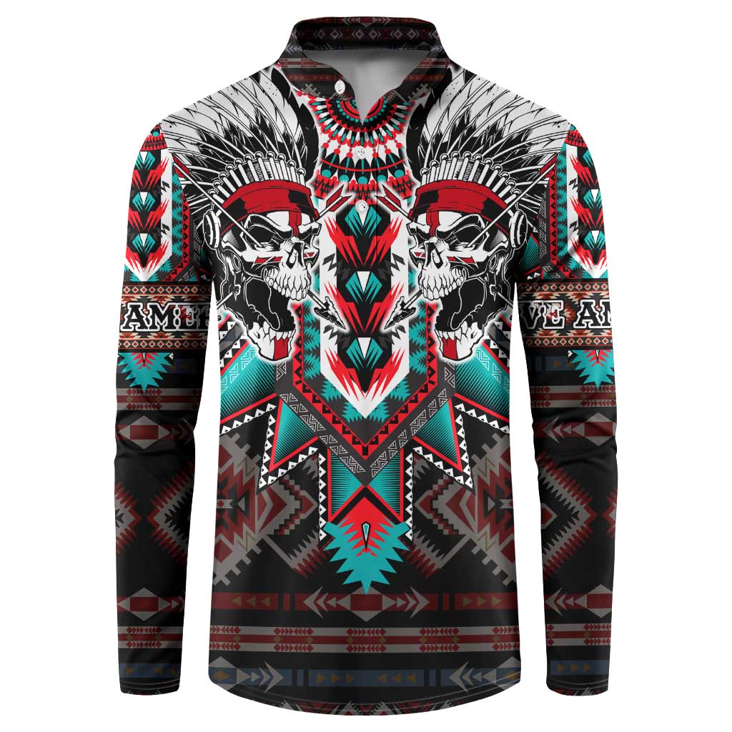 Black hooded sweatshirt with two skull heads and feather headdress front graphic, teal accents