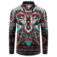 Black hooded sweatshirt with two skull heads and feather headdress front graphic, teal accents