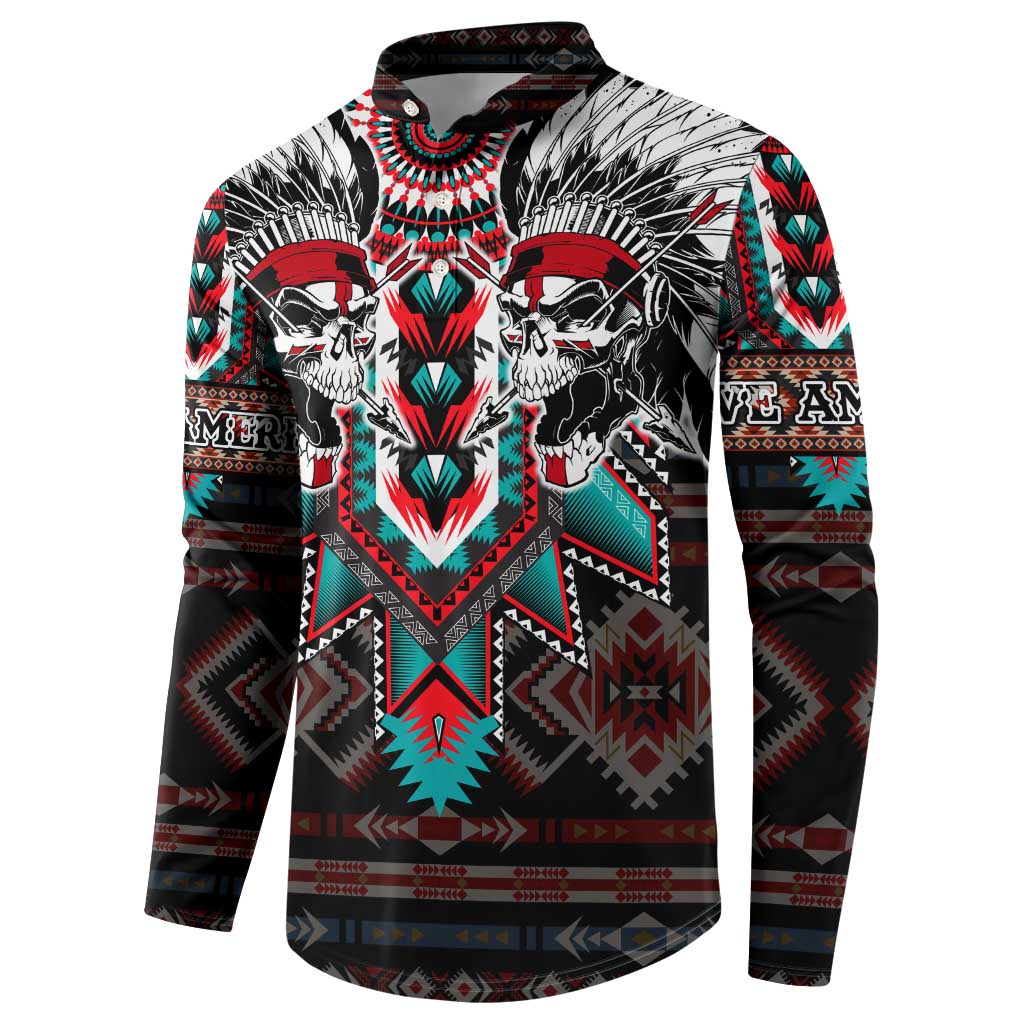 Black hooded sweatshirt with two skull warrior front graphic and red, teal, white geometric