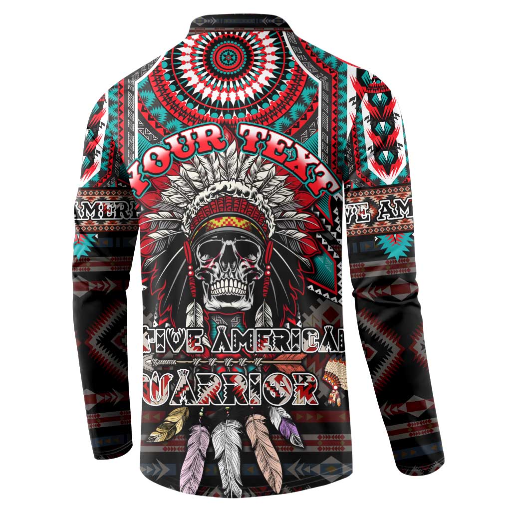 Black hooded sweatshirt with Native warrior skull back graphic, red circular motif and tribal bands