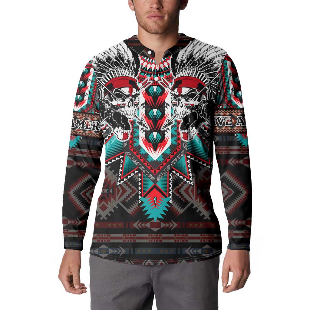 Black hooded sweatshirt with two skull warrior front print and aztec-style red and teal borders