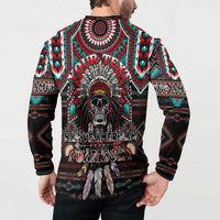 Black hooded sweatshirt with Native warrior skull back graphic and red, teal, white patterns