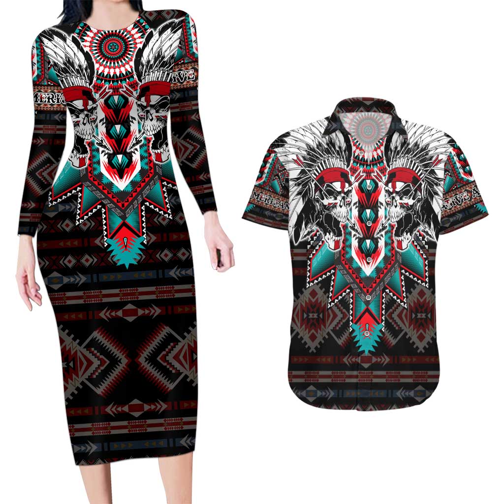 Native American Indian Warrior Skull Couples Matching Long Sleeve Bodycon Dress and Hawaiian Shirt