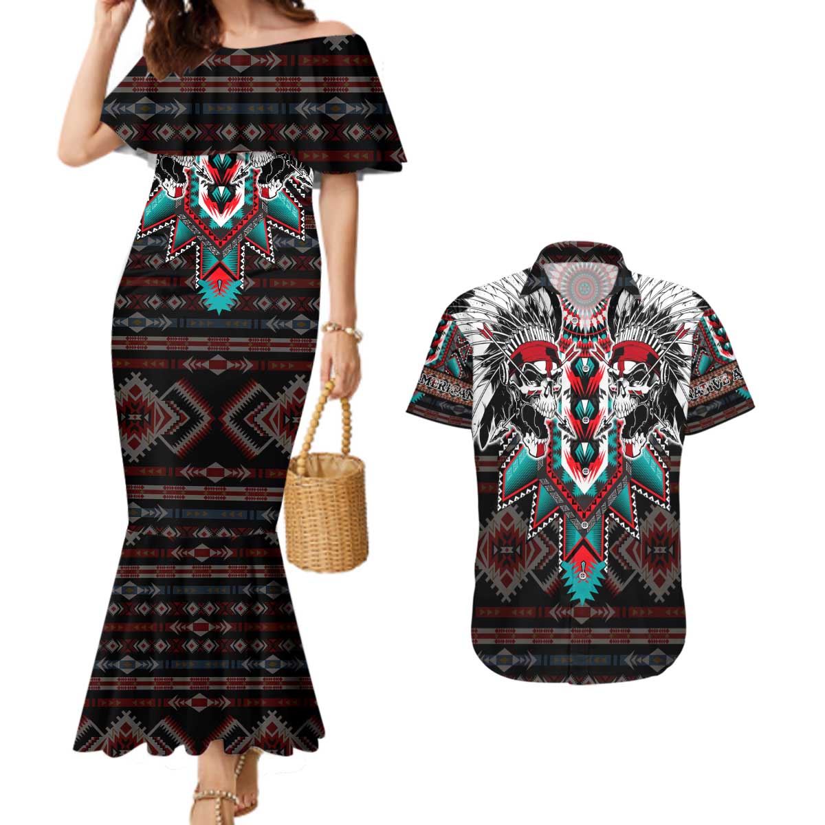 Native American Indian Warrior Skull Couples Matching Mermaid Dress and Hawaiian Shirt