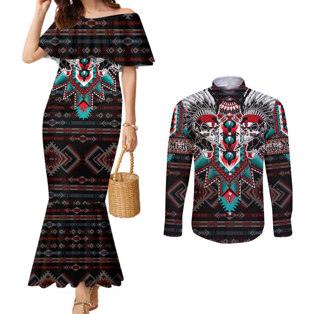 Native American Indian Warrior Skull Couples Matching Mermaid Dress and Long Sleeve Button Shirt