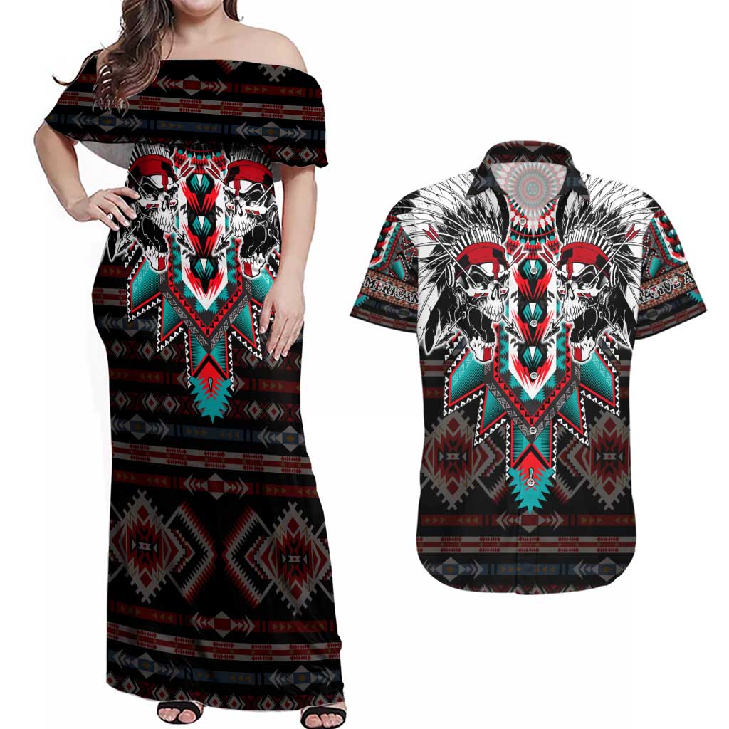 Native American Indian Warrior Skull Couples Matching Off Shoulder Maxi Dress and Hawaiian Shirt