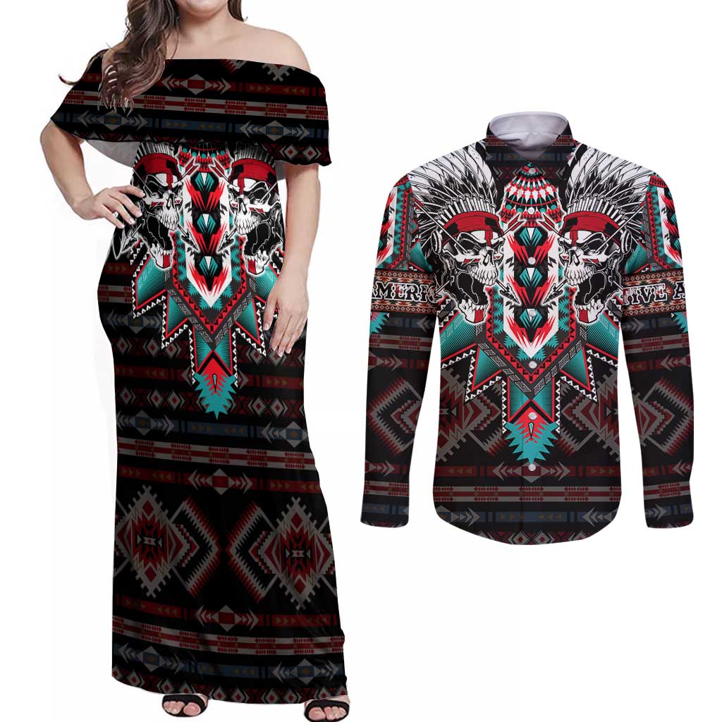 Native American Indian Warrior Skull Couples Matching Off Shoulder Maxi Dress and Long Sleeve Button Shirt