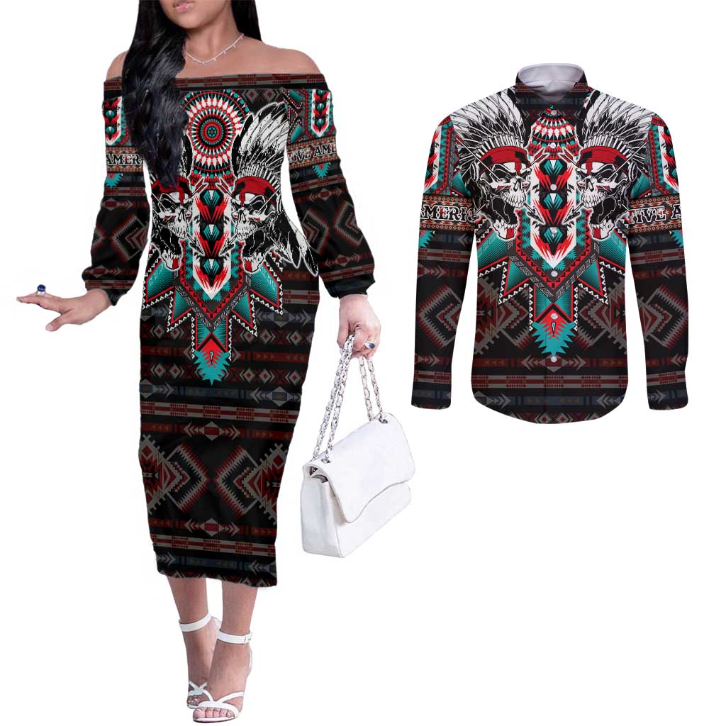 Native American Indian Warrior Skull Couples Matching Off The Shoulder Long Sleeve Dress and Long Sleeve Button Shirt