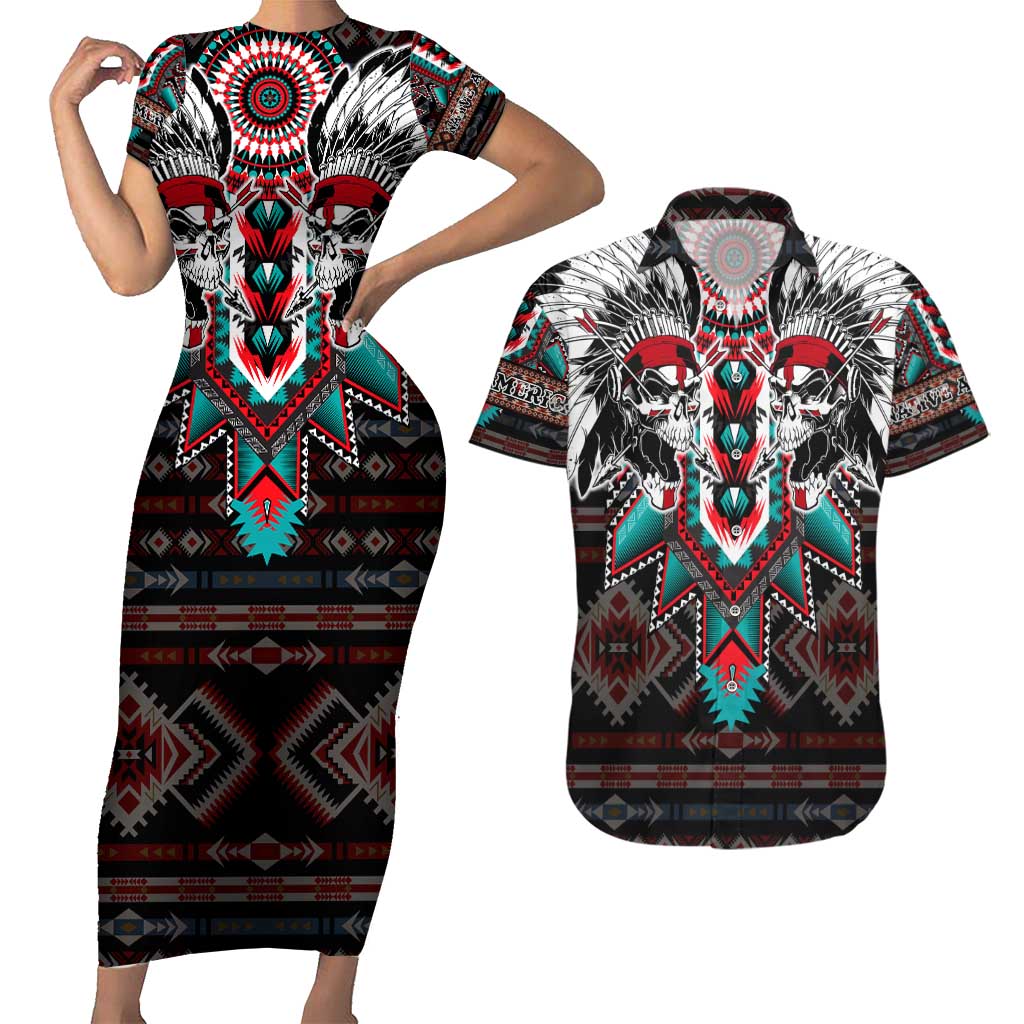 Native American Indian Warrior Skull Couples Matching Short Sleeve Bodycon Dress and Hawaiian Shirt - Wonder Print Shop