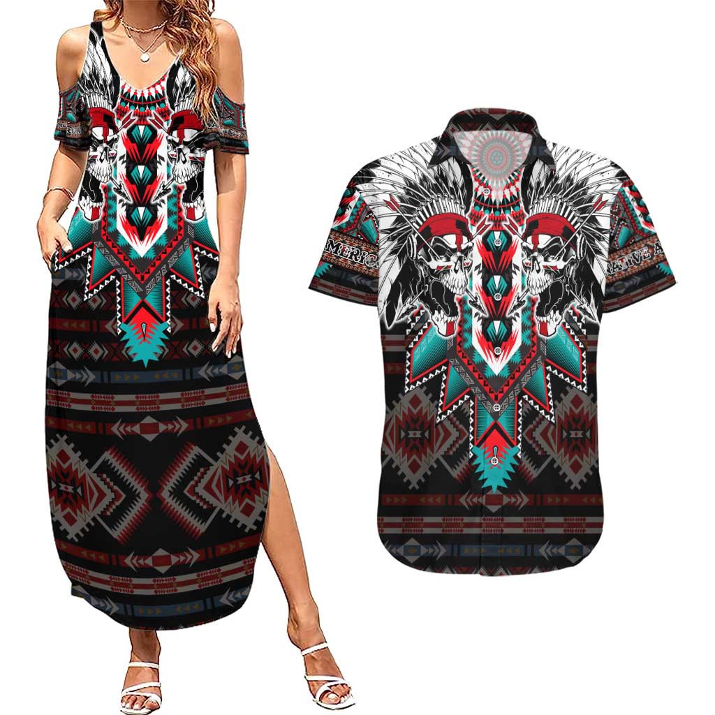 Native American Indian Warrior Skull Couples Matching Summer Maxi Dress and Hawaiian Shirt