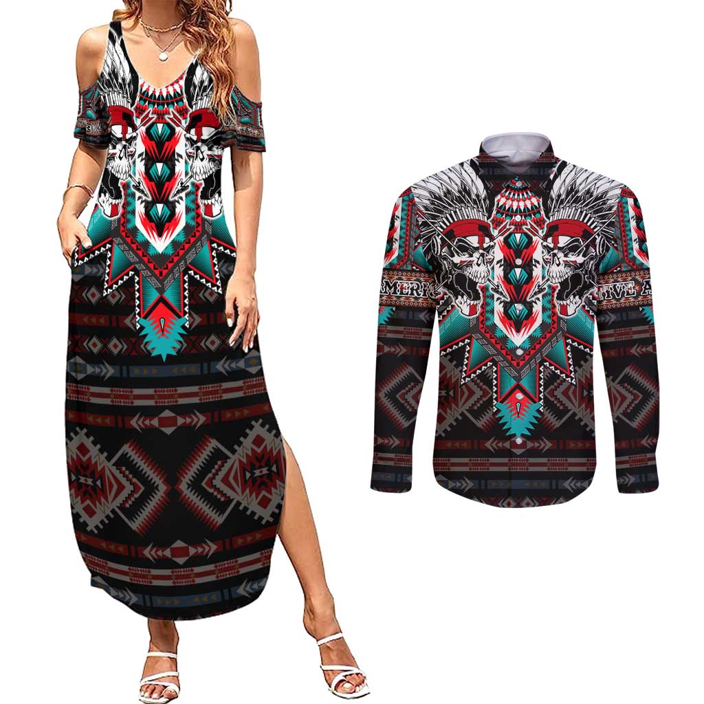 Native American Indian Warrior Skull Couples Matching Summer Maxi Dress and Long Sleeve Button Shirt