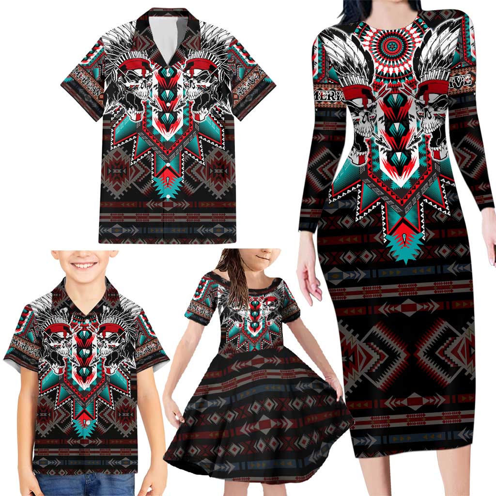 Native American Indian Warrior Skull Family Matching Long Sleeve Bodycon Dress and Hawaiian Shirt