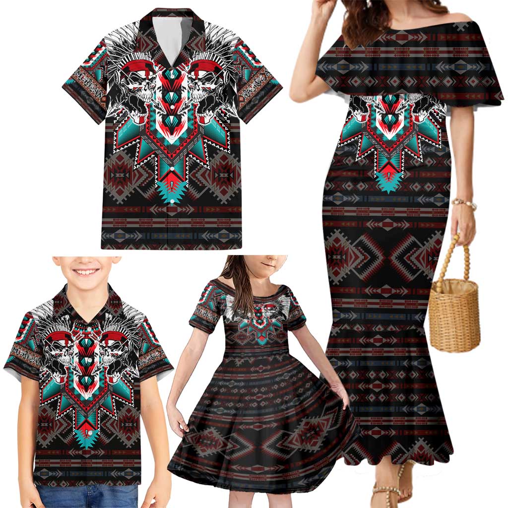 Native American Indian Warrior Skull Family Matching Mermaid Dress and Hawaiian Shirt