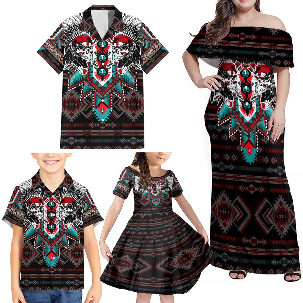 Native American Indian Warrior Skull Family Matching Off Shoulder Maxi Dress and Hawaiian Shirt