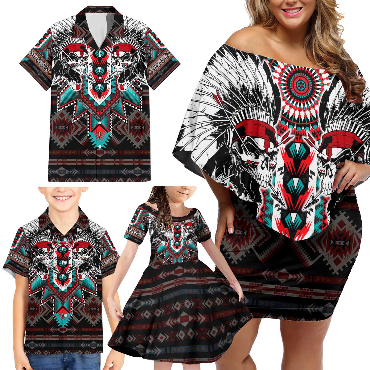 Native American Indian Warrior Skull Family Matching Off Shoulder Short Dress and Hawaiian Shirt - Wonder Print Shop