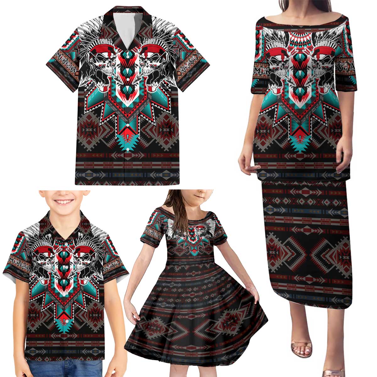 Native American Indian Warrior Skull Family Matching Puletasi and Hawaiian Shirt - Wonder Print Shop