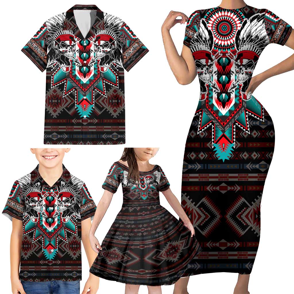 Native American Indian Warrior Skull Family Matching Short Sleeve Bodycon Dress and Hawaiian Shirt - Wonder Print Shop