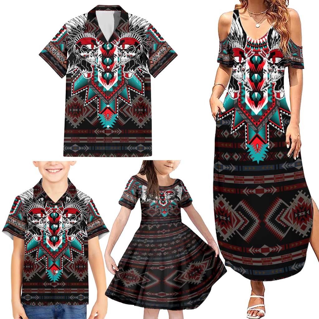 Native American Indian Warrior Skull Family Matching Summer Maxi Dress and Hawaiian Shirt