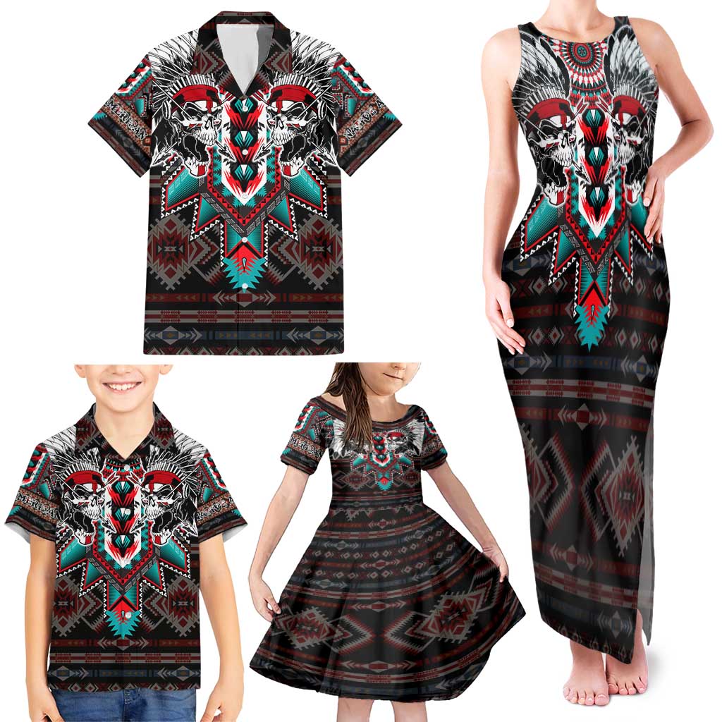 Native American Indian Warrior Skull Family Matching Tank Maxi Dress and Hawaiian Shirt