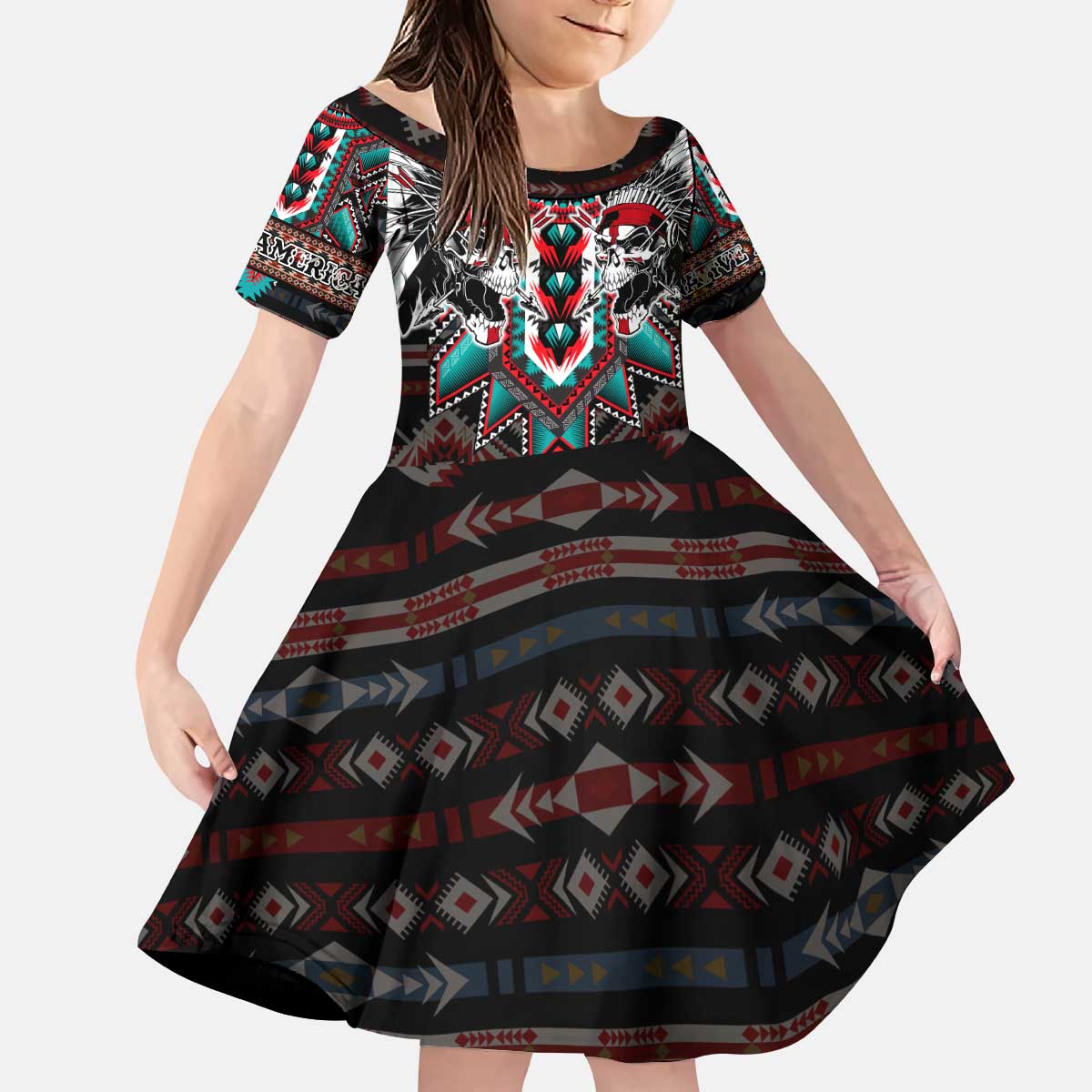 Native American Indian Warrior Skull Kid Short Sleeve Dress - Wonder Print Shop