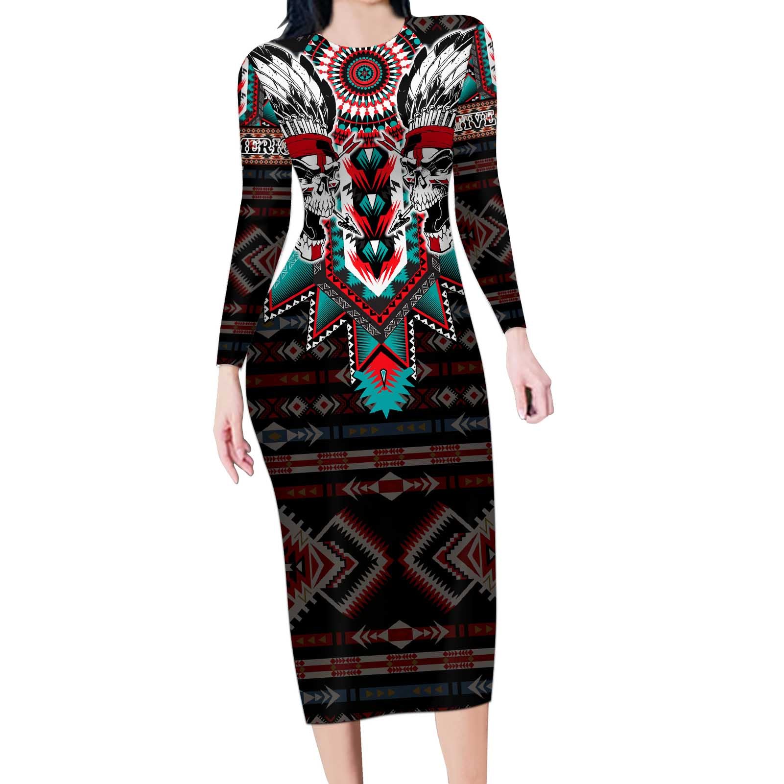 Native American Indian Warrior Skull Long Sleeve Bodycon Dress - Wonder Print Shop