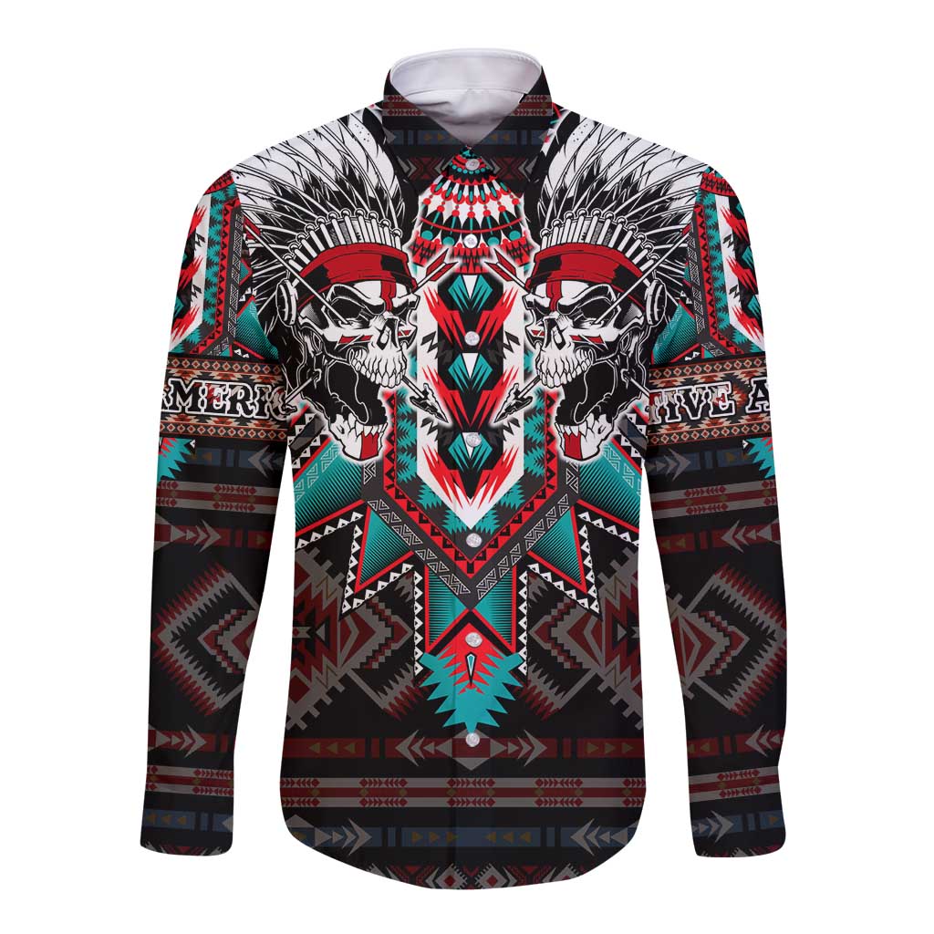 Long sleeve button shirt with skull warrior graphic, red teal and black tribal patterns