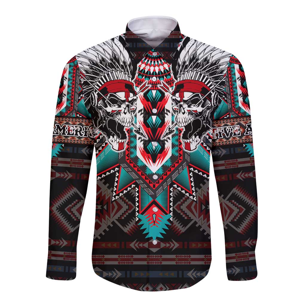 Native American Indian Warrior Skull Long Sleeve Button Shirt - Wonder Print Shop