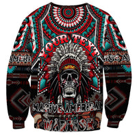 Unisex skull warrior sweatshirt with Native-style headdress and red teal tribal print