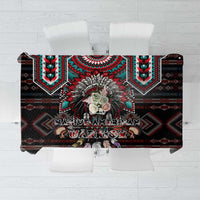 Warrior skull tablecloth with black, red, teal tribal pattern and center skull design