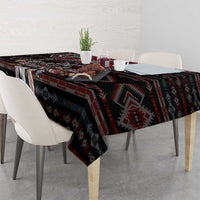 Warrior skull tablecloth covering dining table with bold geometric tribal border