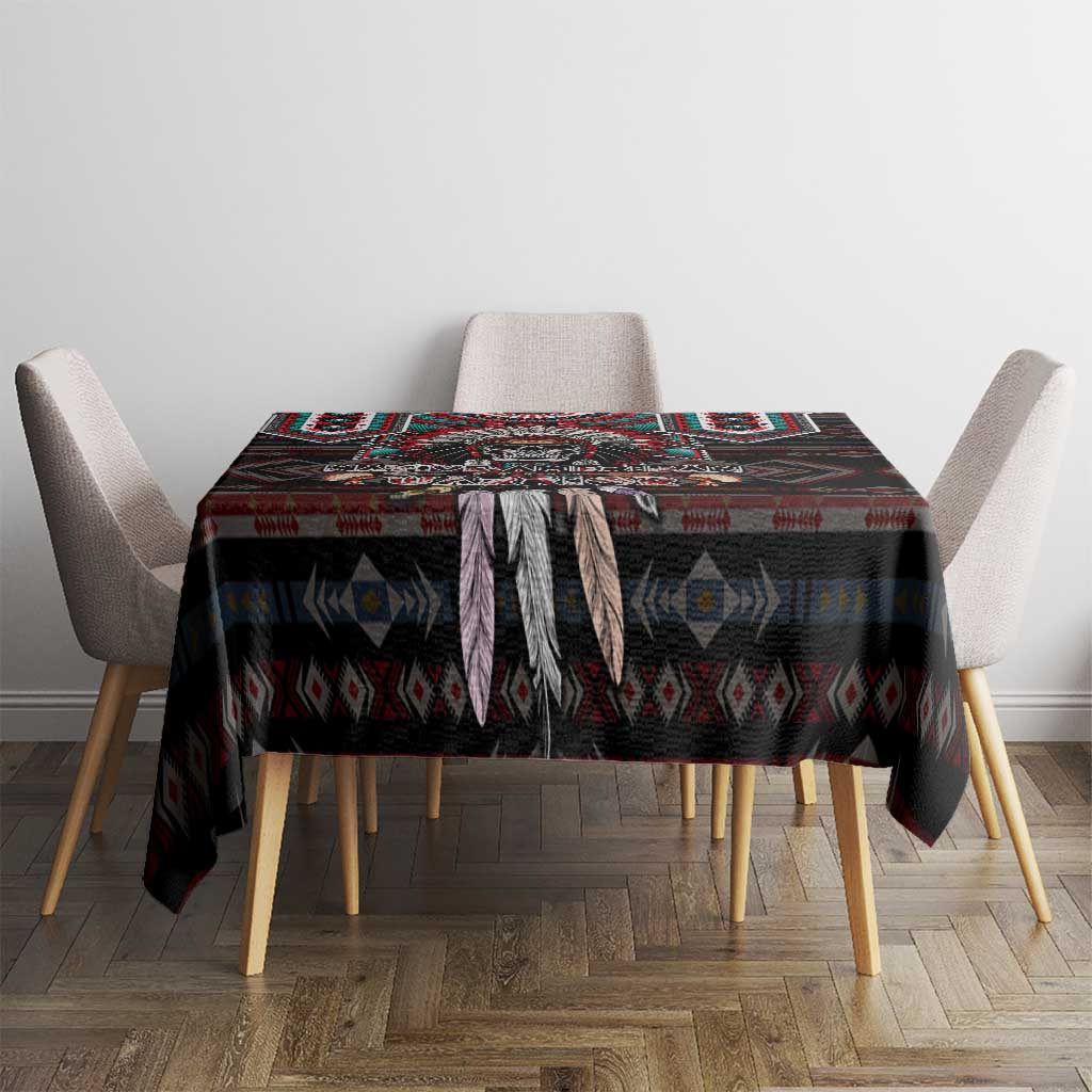 Warrior skull tablecloth with fringed edges and black, red and teal tribal print