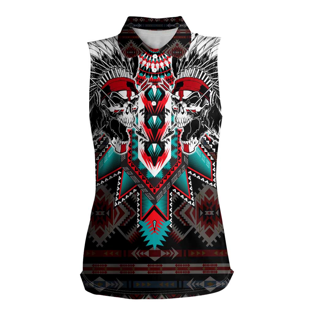 Native American Indian Warrior Skull Women Sleeveless Polo Shirt