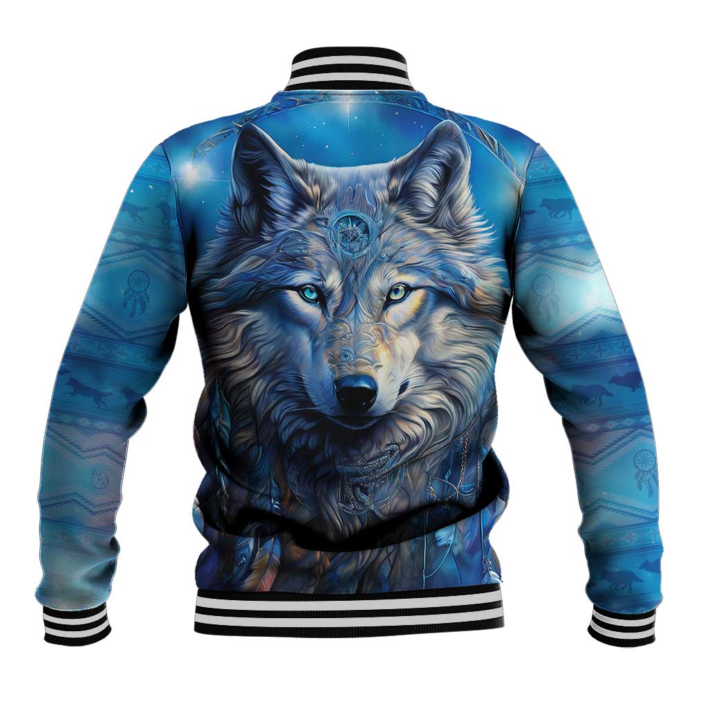 Blue wolf baseball jacket, back print with large wolf face, ribbed striped collar