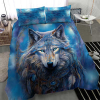 Blue wolf duvet cover set with two shams, wolf faces centered