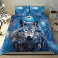 Blue wolf bedding set with comforter, two shams, round chest emblem